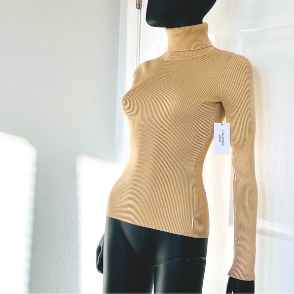 NWT Calvin Klein Rib Knit Tops Metallic Sweater turtleneck  XS Gold - Picture 1 of 10